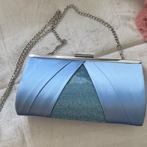 Nina Light Blue Satin Clutch with Silver Chain
